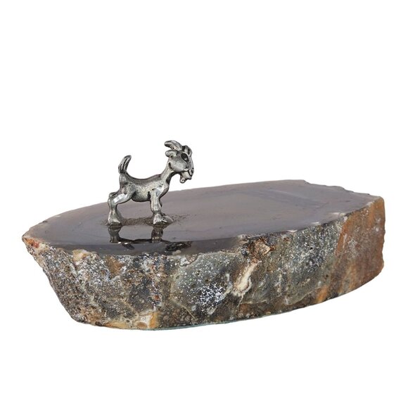 Agate Slice With Tiny Pewter Billy Goat Figurine - Picture 1 of 8